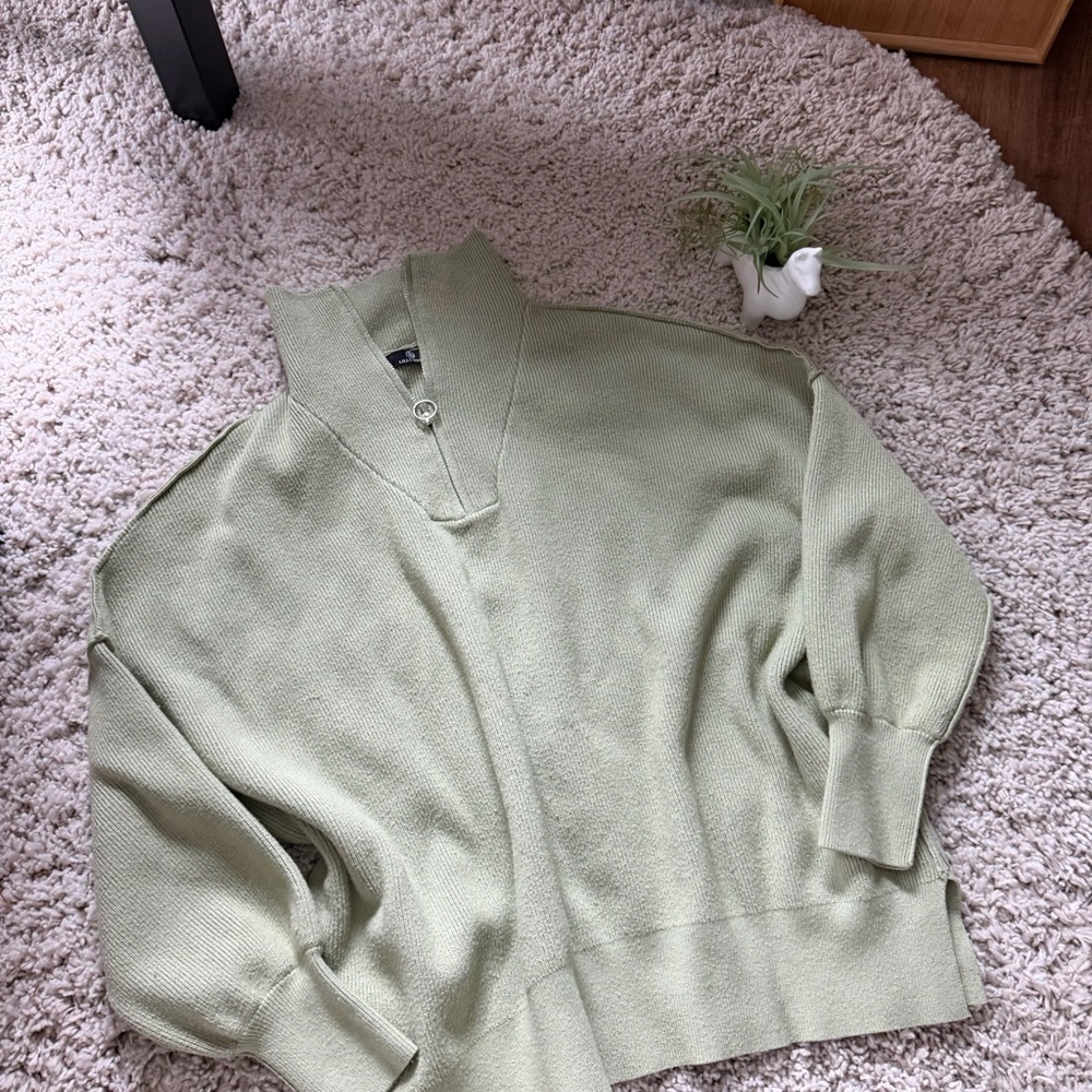 Sage Green Knit turtleneck long sleeve bell sleeve Sweater with Buttoned Collar